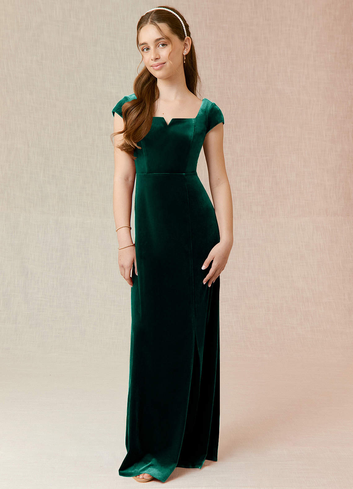 Azazie Gabi Junior Vestido de Esmeralda de terciopelo de Corte En A image1