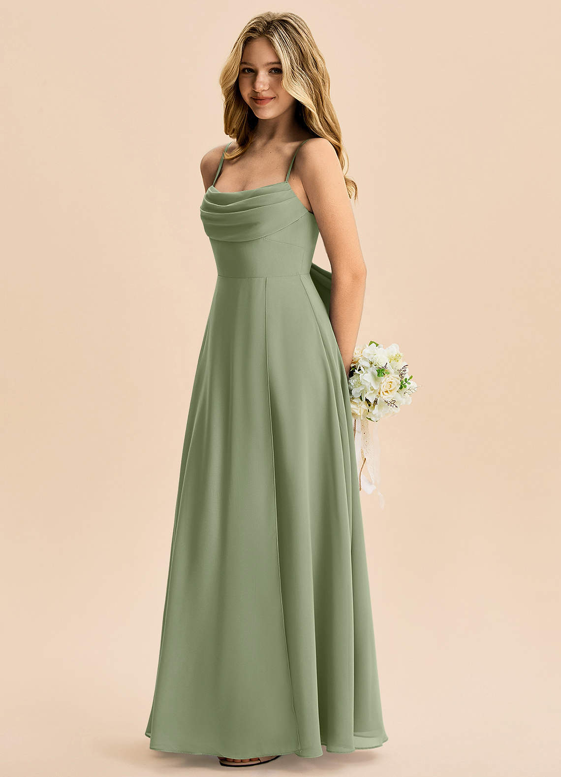 Azazie Bear Junior Pistachio A-Line Pleated Chiffon Dress image4