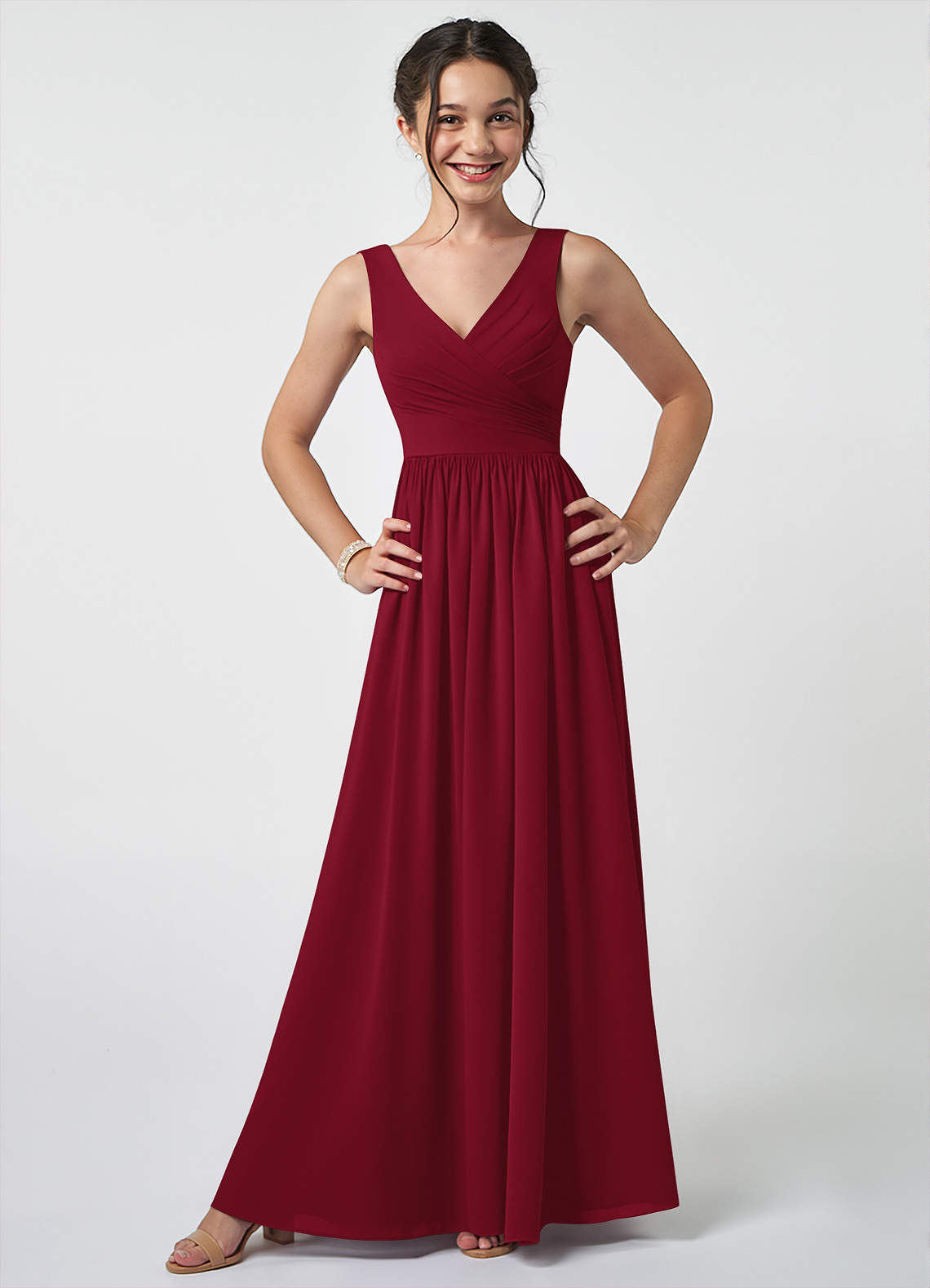 Azazie Keyla Junior A-Linie Plissee Chiffon Kleid Burgunderrot image1