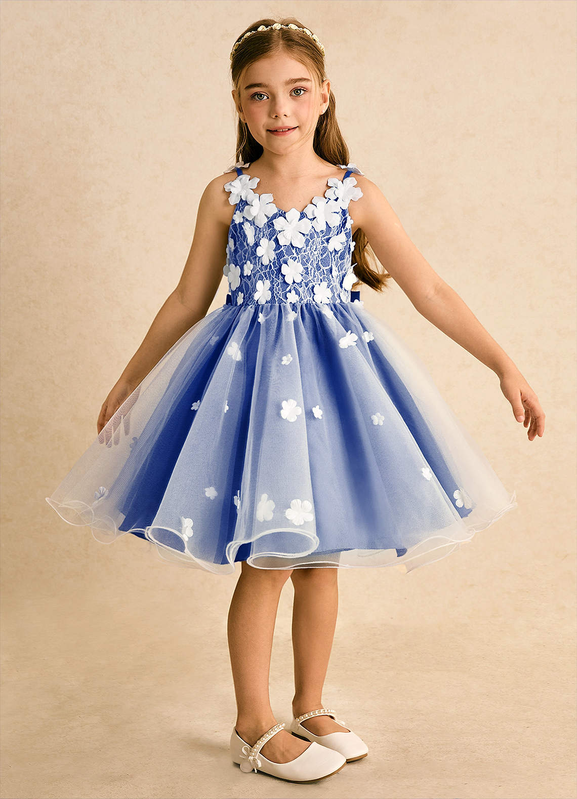 Azazie Junebug Flower Girl Dresses Ivory Royal Blue Ball-Gown Lace Tulle Dress image5