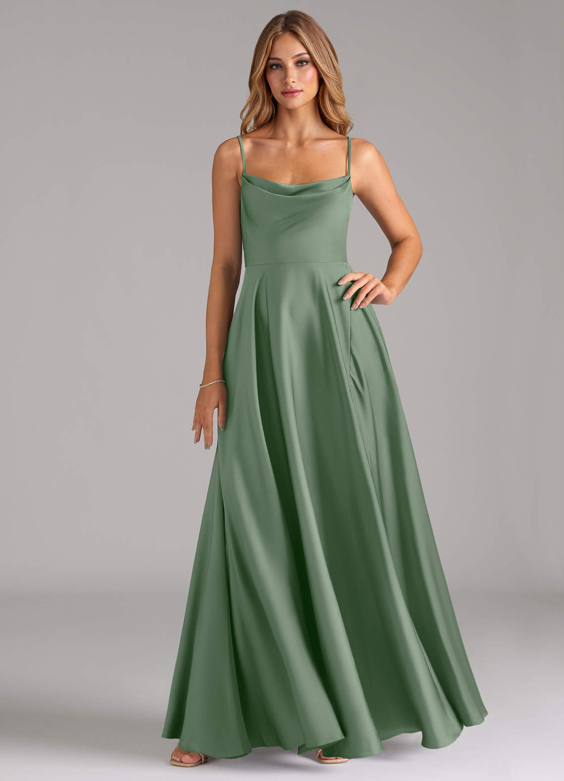 Azazie A-Line Cowl Neck Floor-Length Stretch Satin Bridesmaid Dresses - matcha