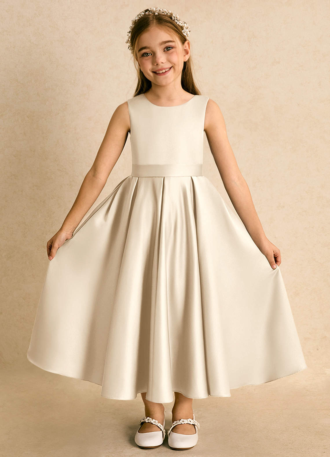 Azazie Junebuj vestidos de niña de las flores Vestido de Champán de Satin Mate de Princesa con Plisado image3