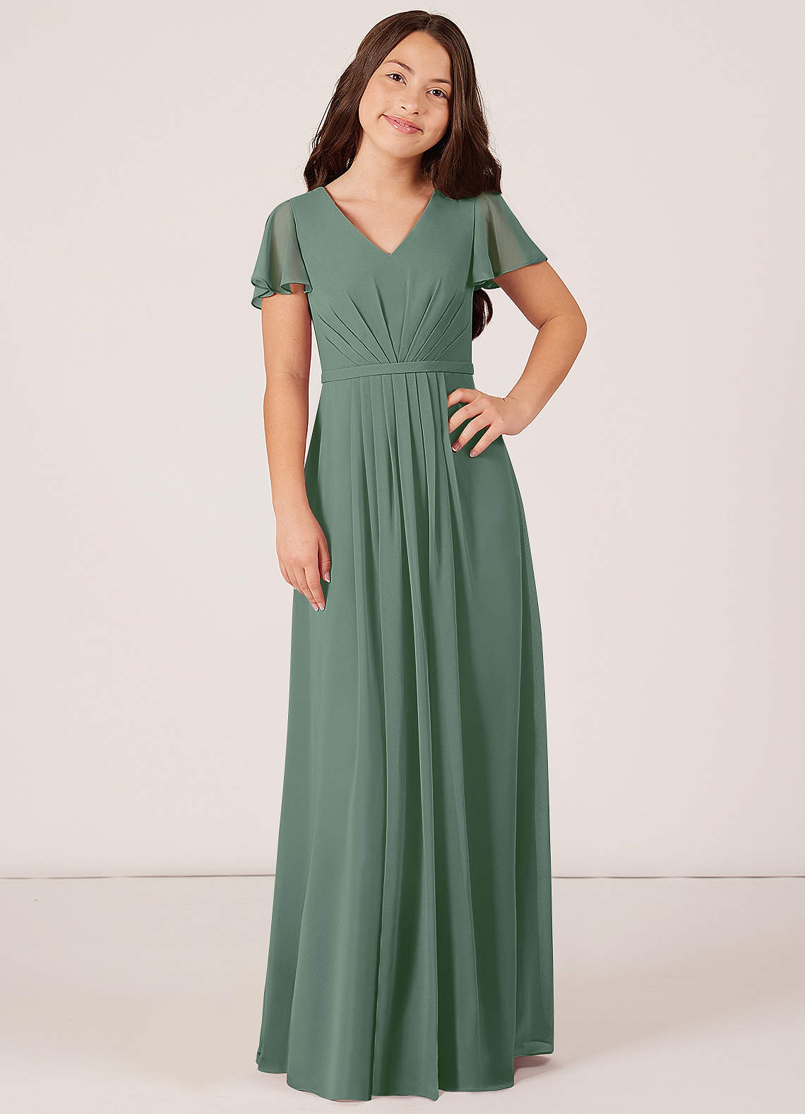 Azazie Peony Junior Eucalyptus A-Line Pleated Chiffon Dress image1