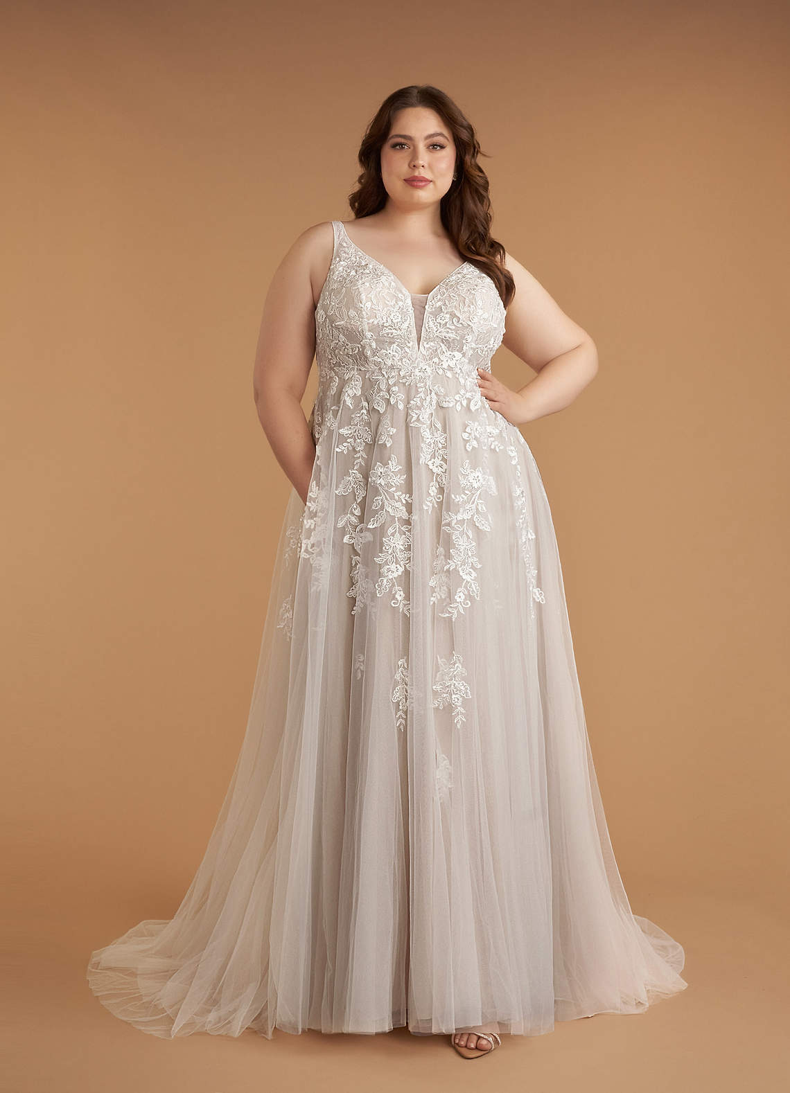 Azazie Sorella Wedding Dresses Diamond White Sand A-Line V-Neck Sequins Tulle Dress image1