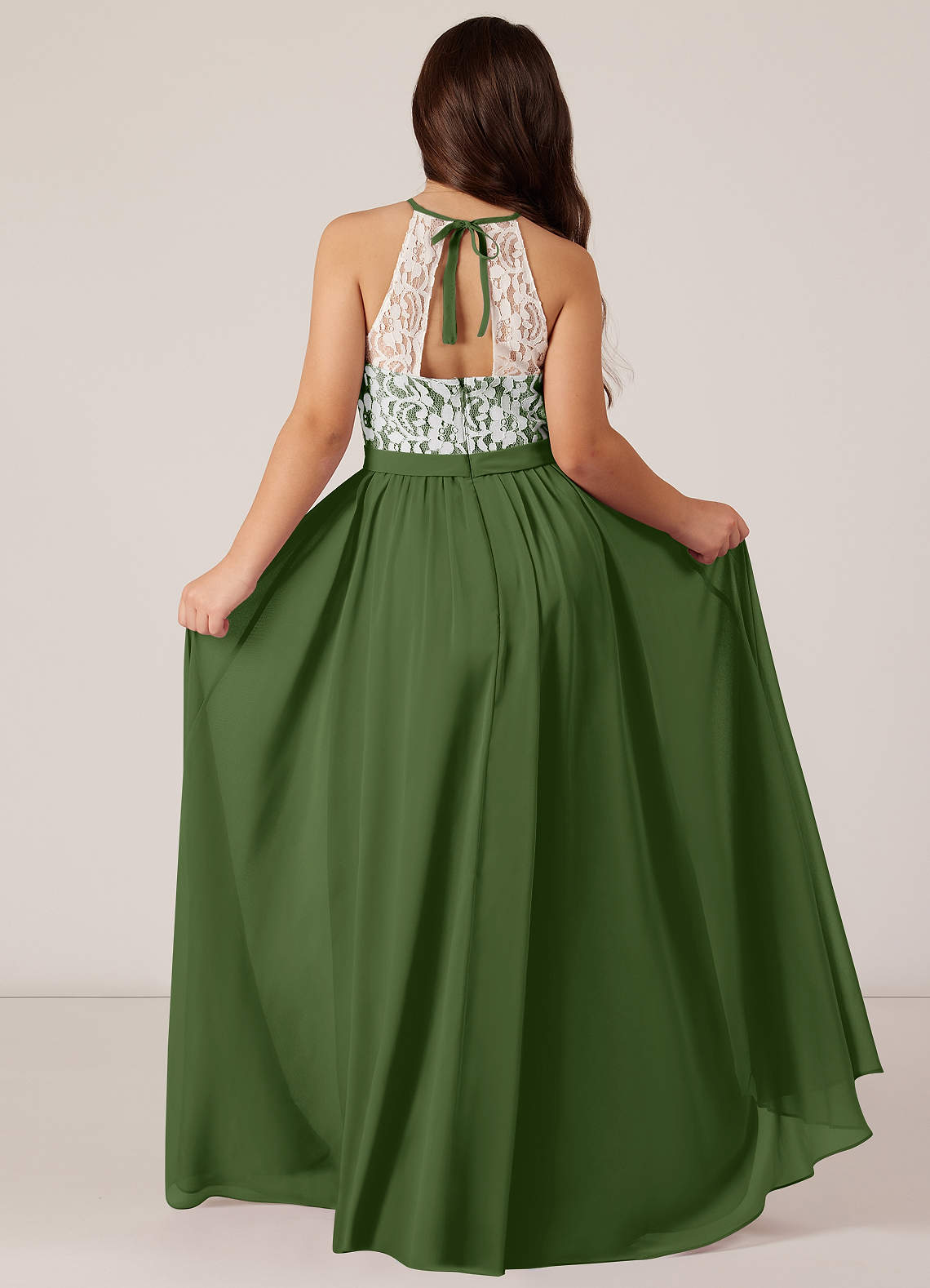 Azazie Fahari Junior Olive A-Line Lace Chiffon Dress image1