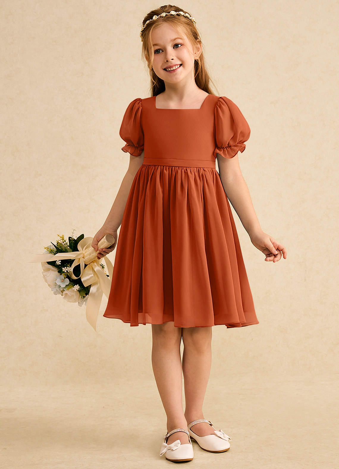 Azazie Jolie Flower Girl Dresses Burnt Orange A-Line with Sleeves Chiffon Dress image3