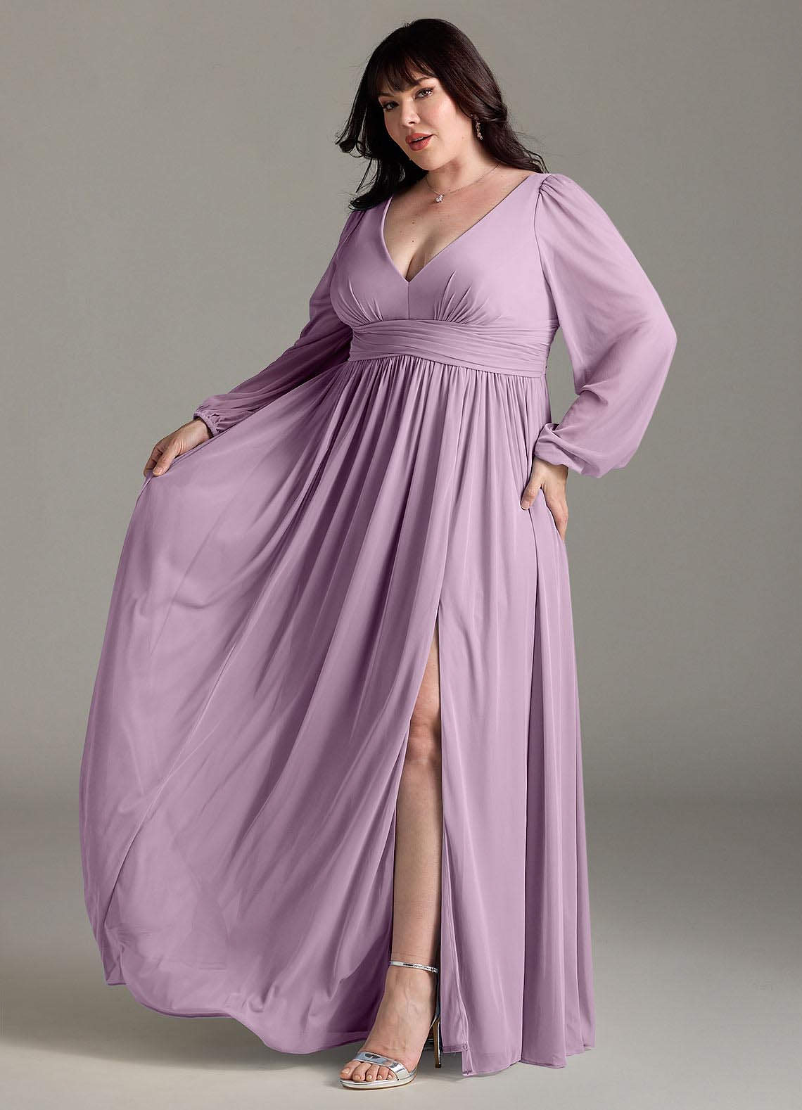 Azazie Norah Abiti da Damigella Abito A-Line in Chiffon con Maniche lunghe e Scollo a V Glicine image9