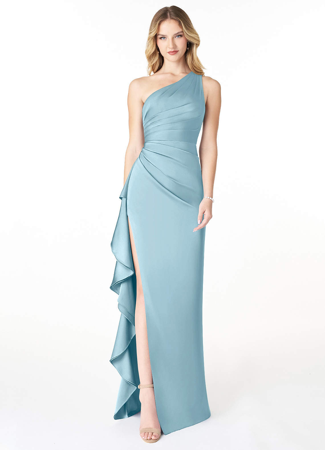 Azazie Latrice Bridesmaid Dresses Moody Blue Sheath One Shoulder Cascading Ruffles Stretch Satin Dress image1