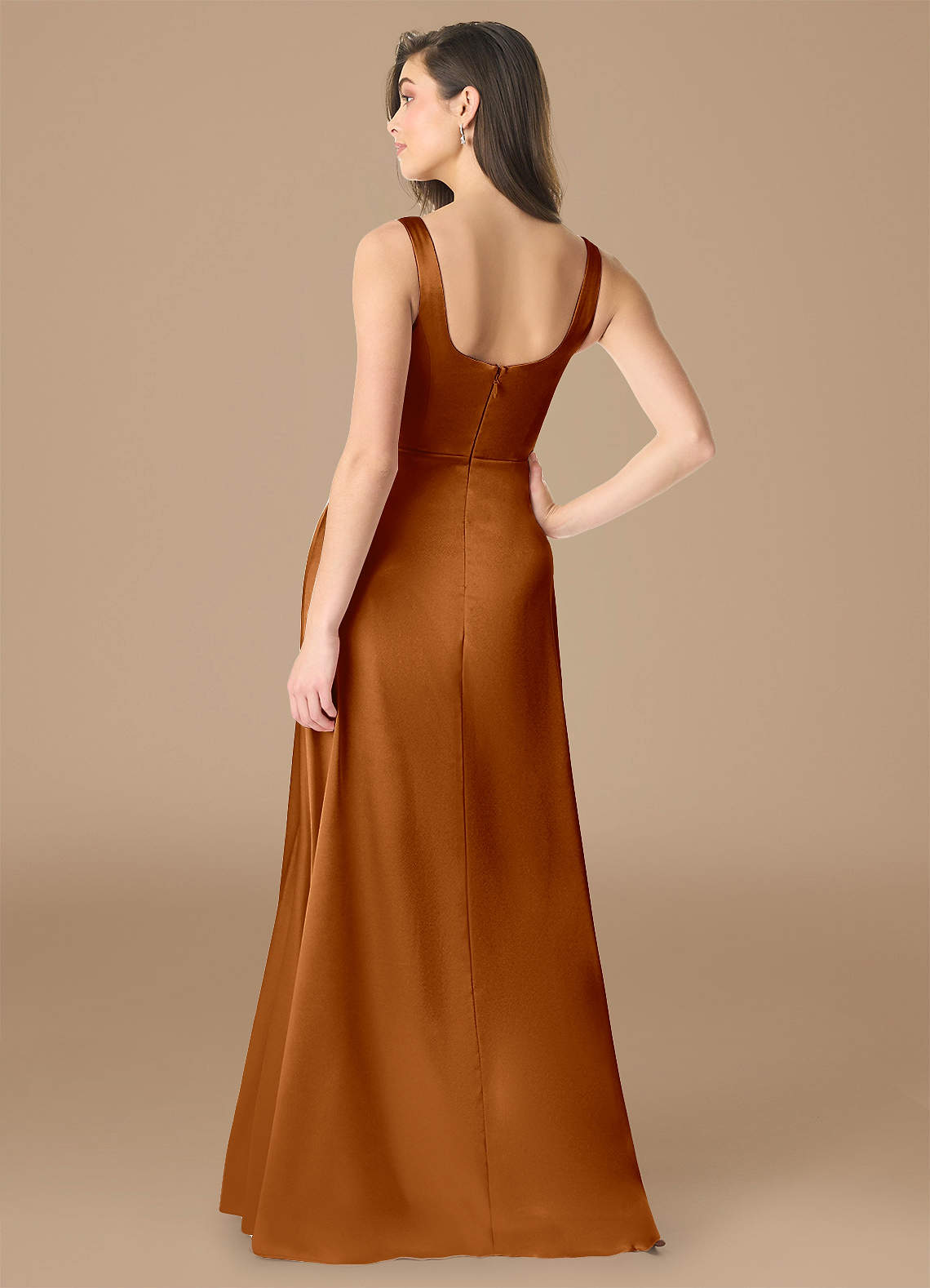 Azazie Joyce Bridesmaid Dresses Copper A-Line Side Slit Metallic Satin Dress image1
