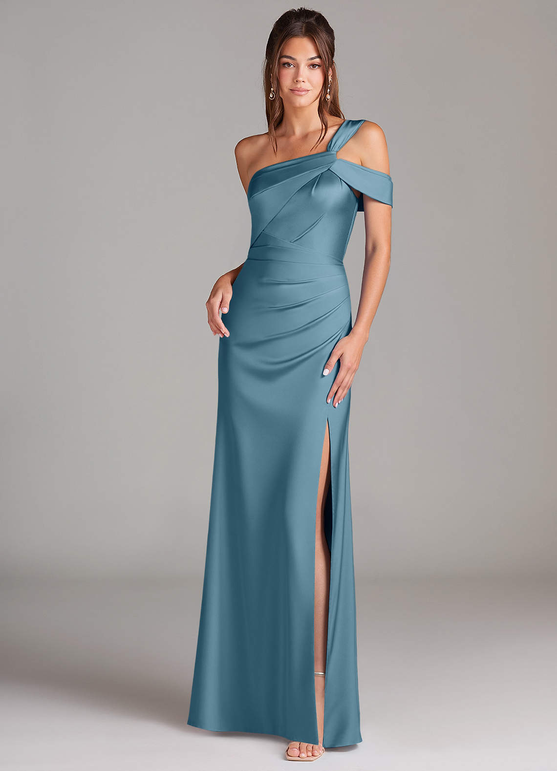 Azazie Wynter Bridesmaid Dresses Bermuda Sheath Off the Shoulder Stretch Satin Dress image1