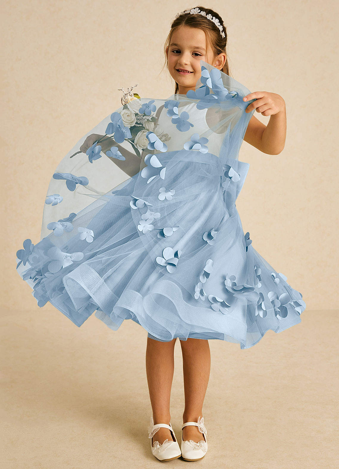 Azazie Sprout Vestidos de florista Vestido Pó Azul de Tule de Linha A com Laço image2