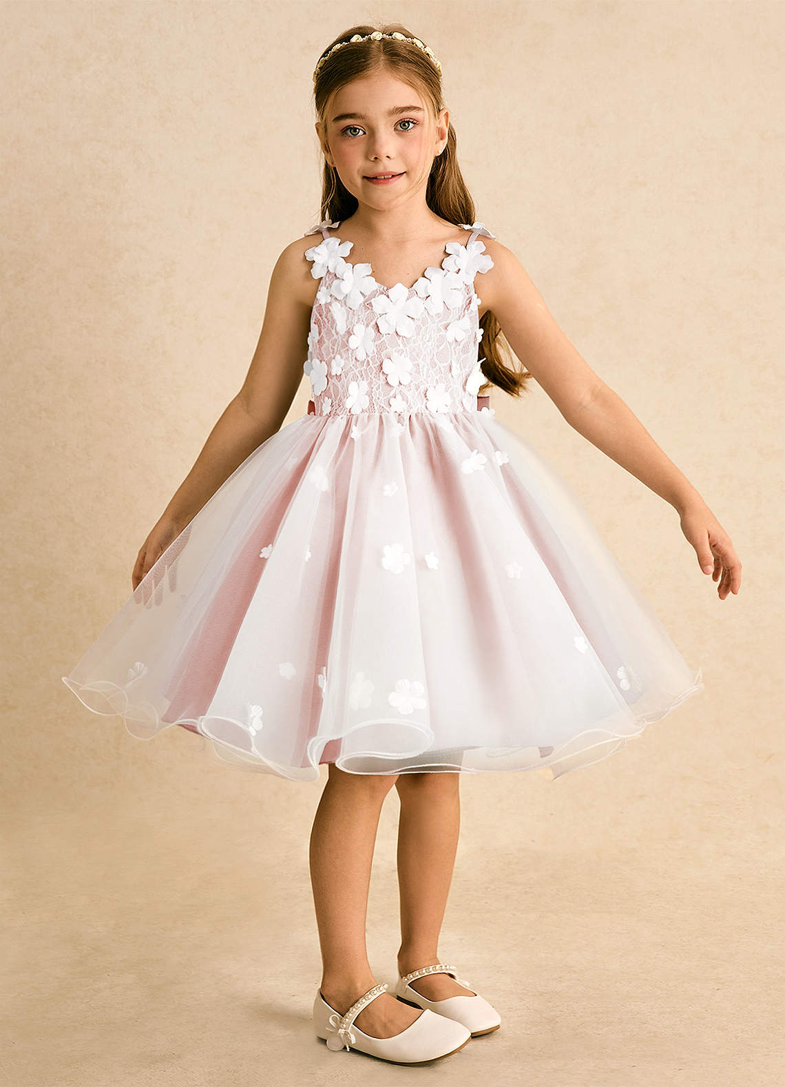 Azazie Junebug Flower Girl Dresses Ivory Blushing Pink Ball-Gown Lace Tulle Dress image5