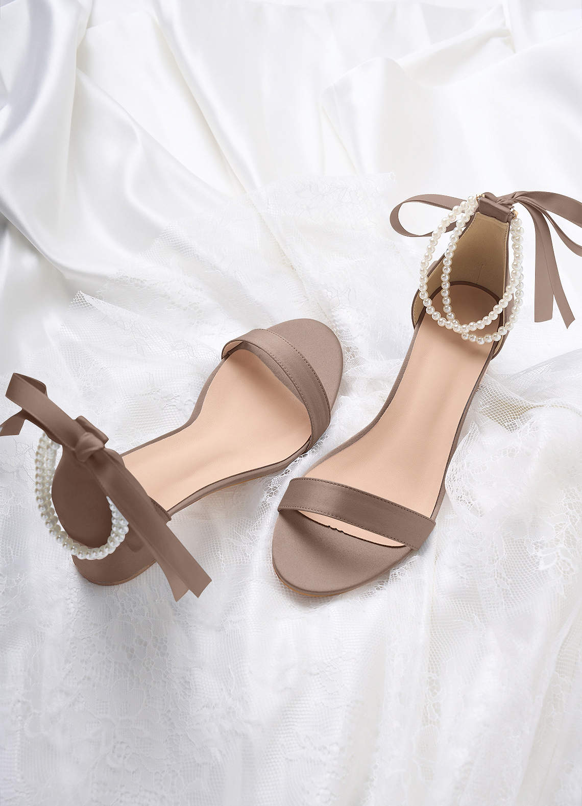 front Matching Color Matte Satin Pearl and Bow Open Toe Chunky Heel Sandals
