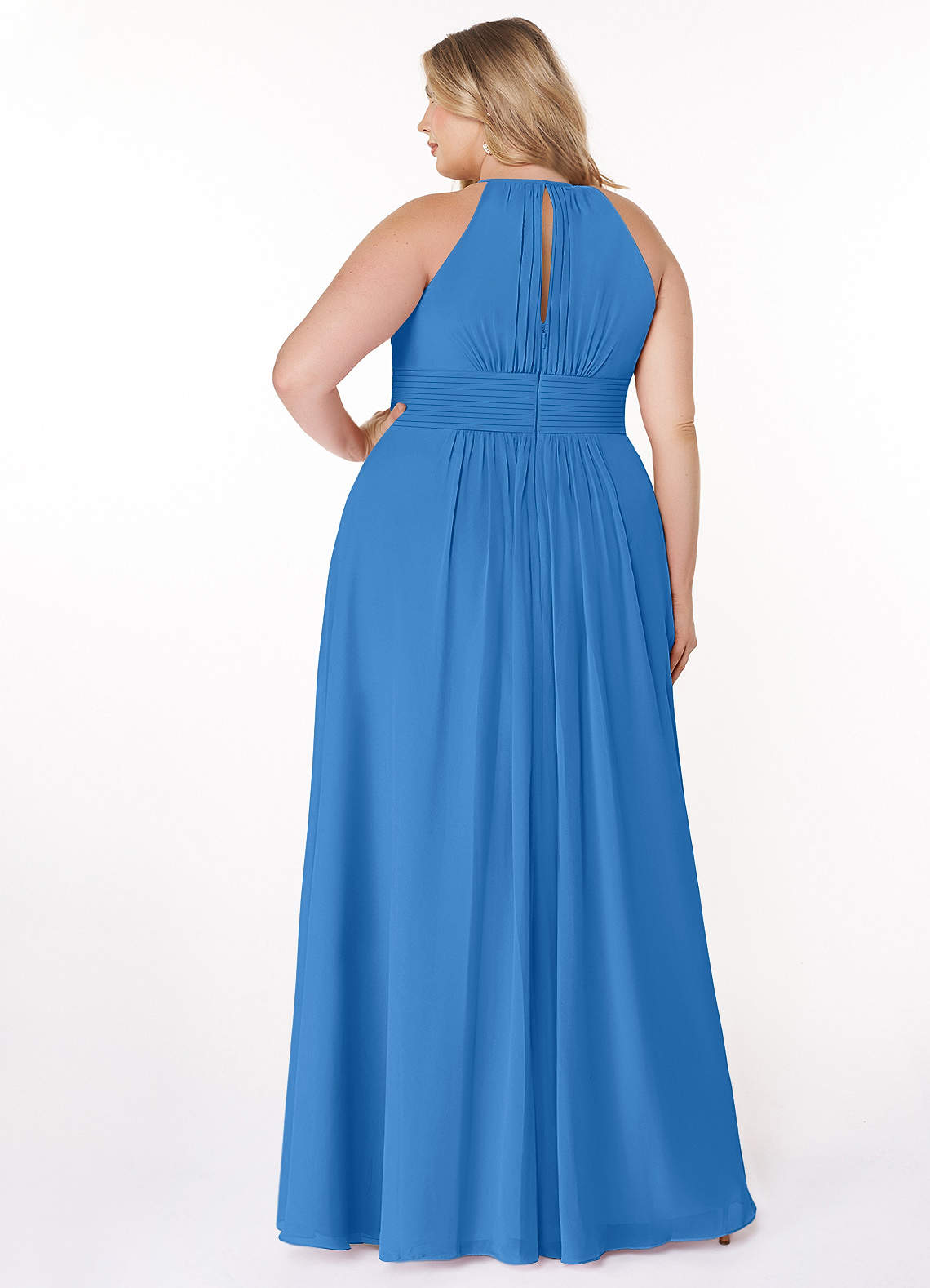 Azazie Bonnie Vestidos de damas de honor Vestido de Azul Grisaceo de Gasa de Corte en A con Cuello de pico fruncido image6