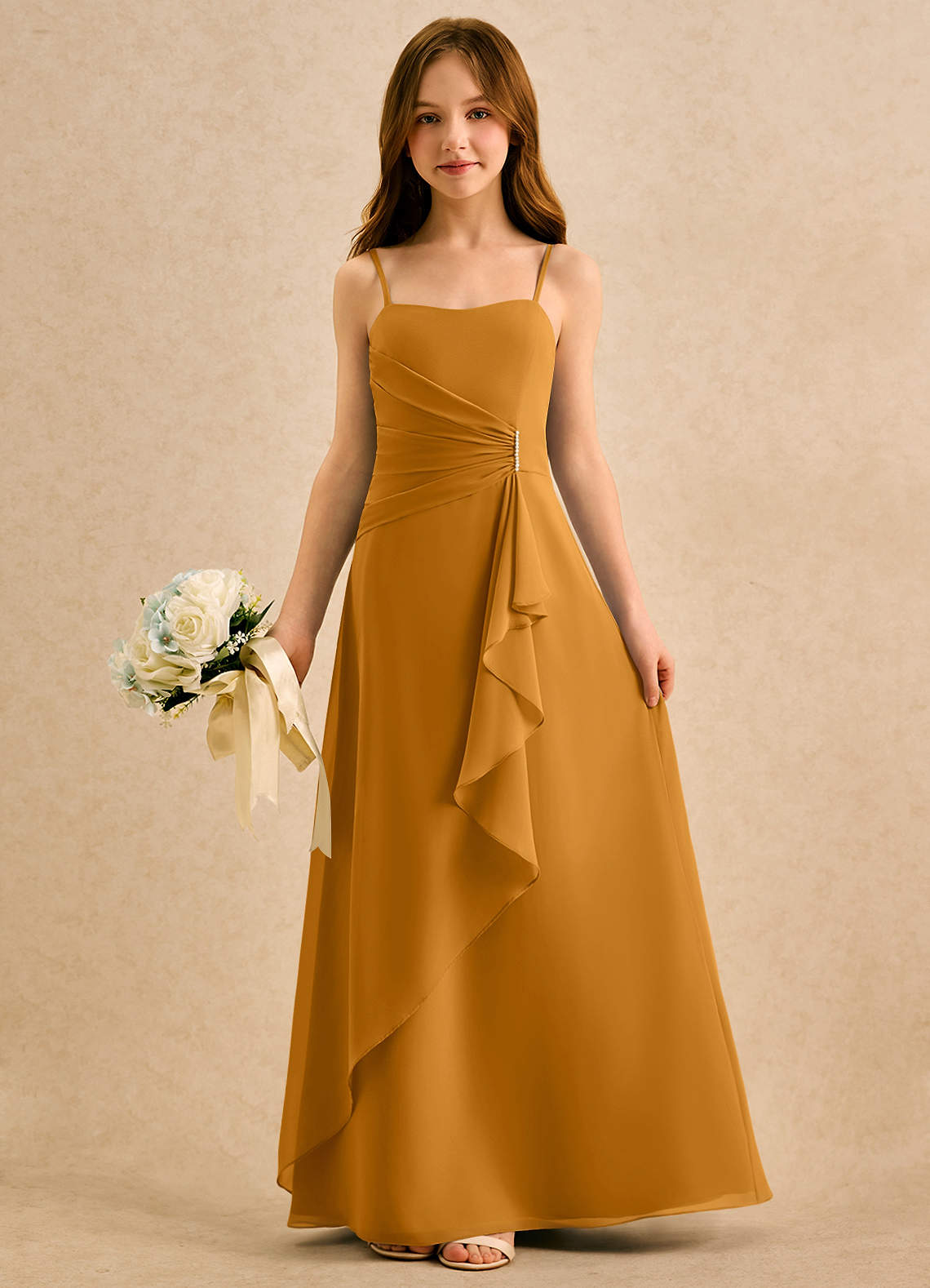 Azazie lolly Girls Formal Robe Demoiselle D'honneur Fillette Robe Trapèze en Mousseline de soie Plissée Caramel écossais image2