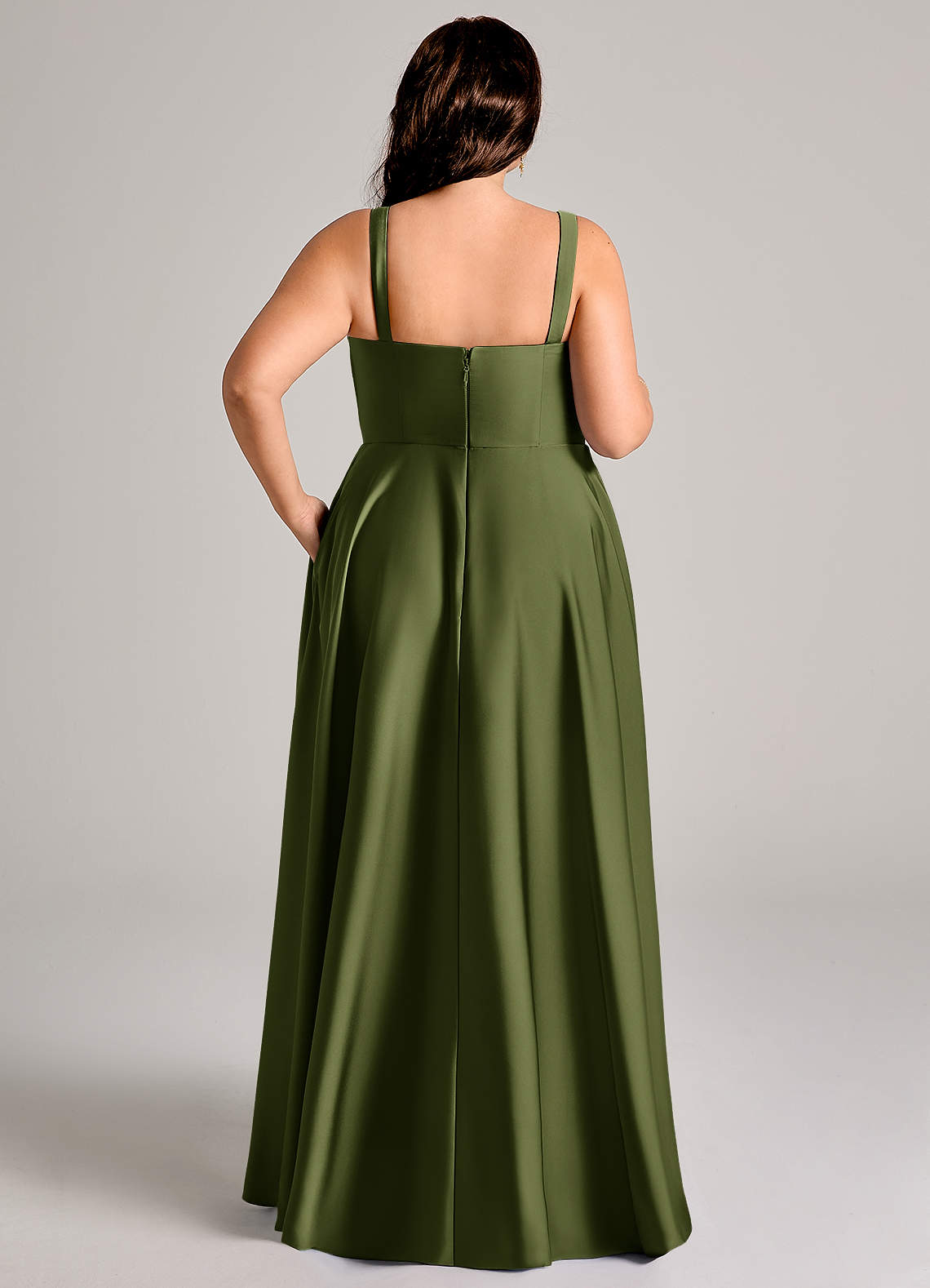 Azazie Shaude Bridesmaid Dresses Olive A-Line Pleated Stretch Satin Dress image12