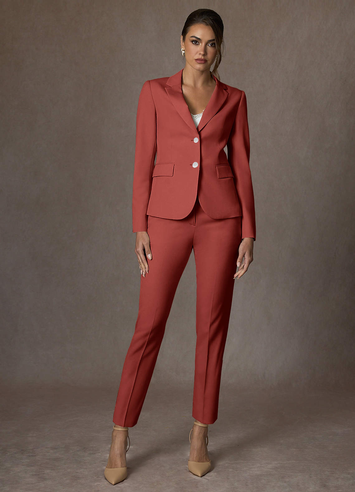 front Whitney Terracotta Structured Stretch Full Length Pants Suit