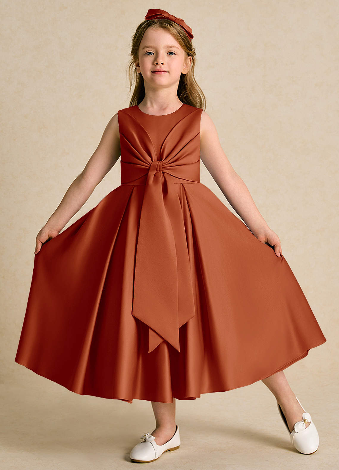 Azazie Lady Flower Girl Dresses Paprika A-Line Pleated Matte Satin Dress image1