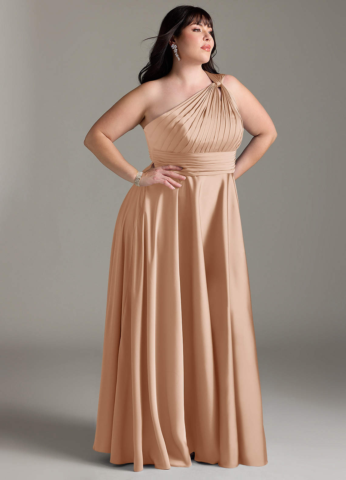 Azazie Charlize Bridesmaid Dresses English Rose A-Line One Shoulder Stretch Satin Dress image11