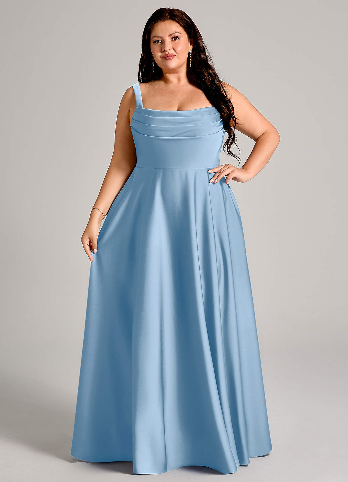 Azazie Shaude Bridesmaid Dresses Powder Blue A-Line Pleated Stretch Satin Dress image10