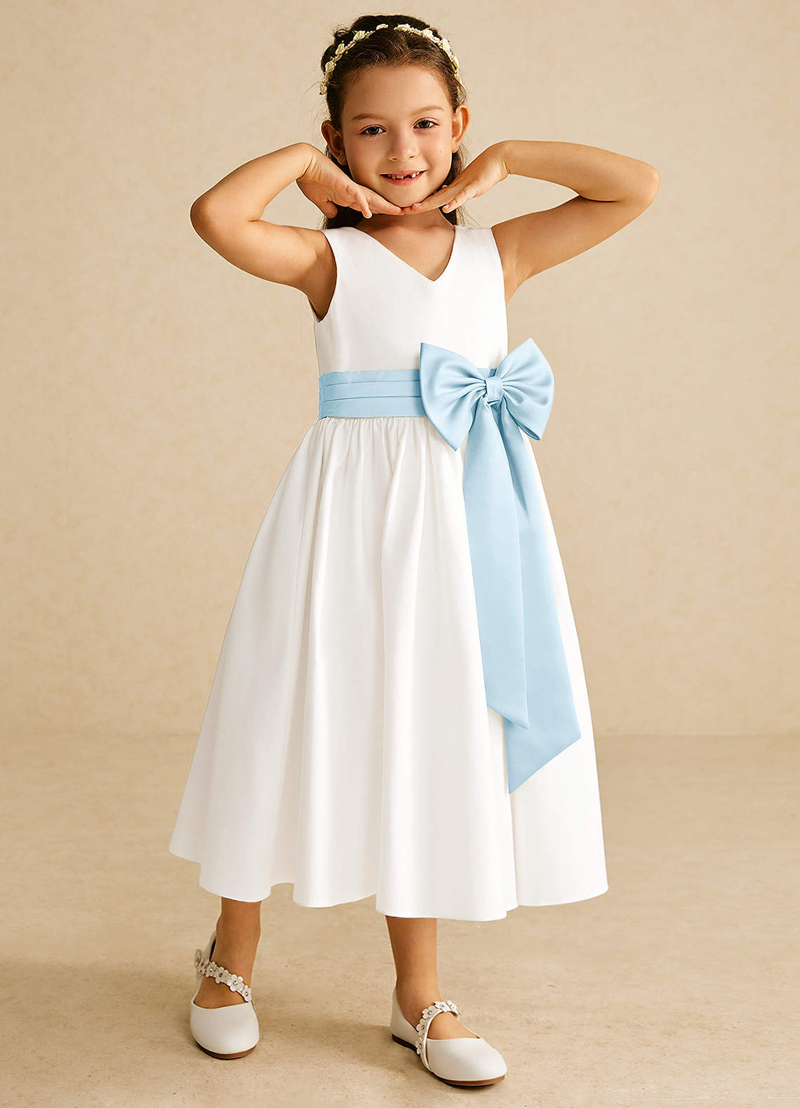 Azazie Darling Flower Girl Dresses Ivory Sky Blue A-Line Bow Cotton Dress image1
