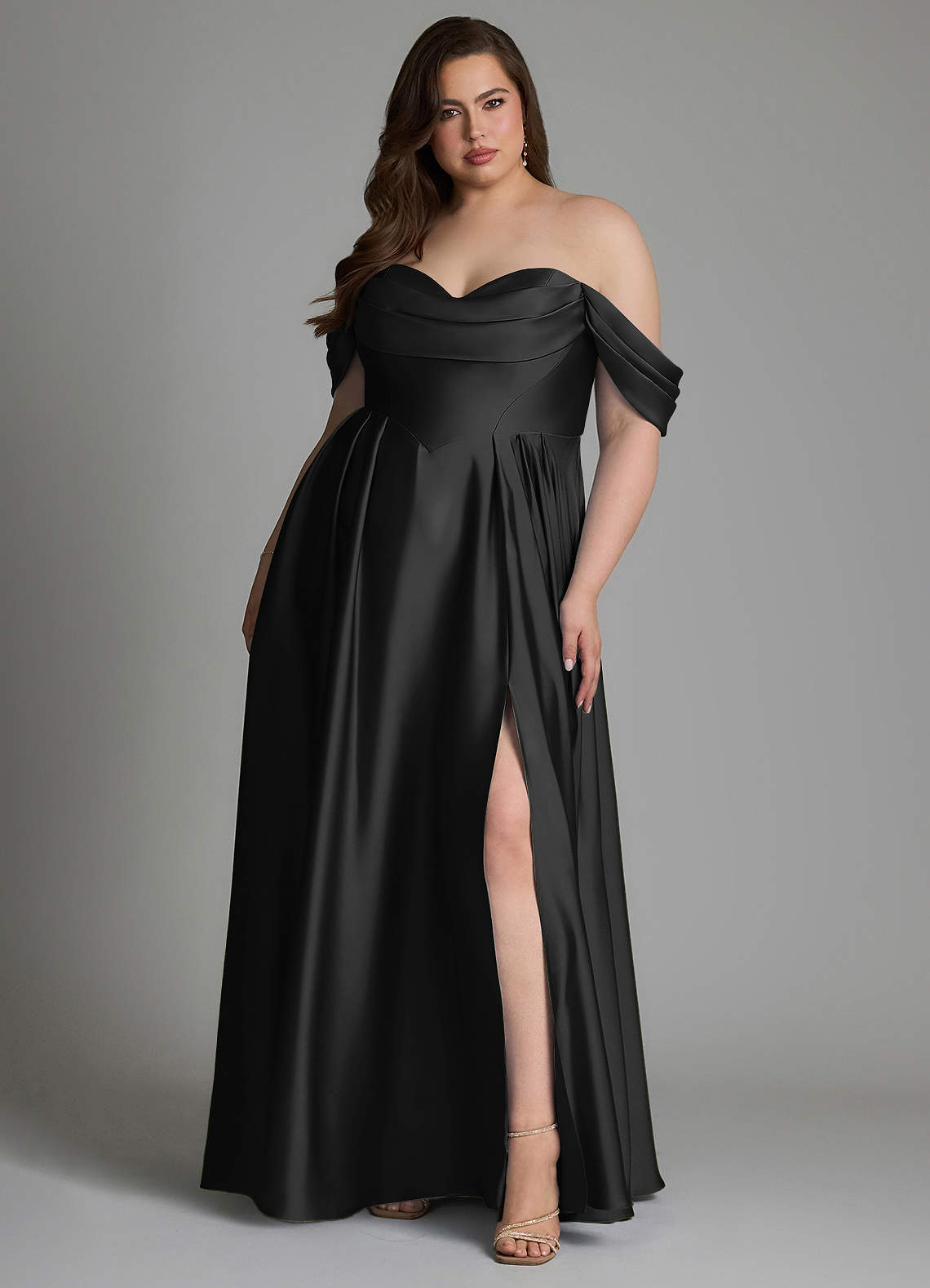 Azazie Loisa Bridesmaid Dresses Black A-Line Off the Shoulder Stretch Satin Dress image7