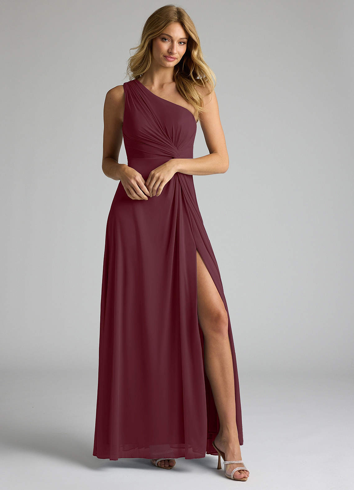 Azazie Brooke Bridesmaid Dresses Cabernet A-Line One Shoulder Mesh Dress image1