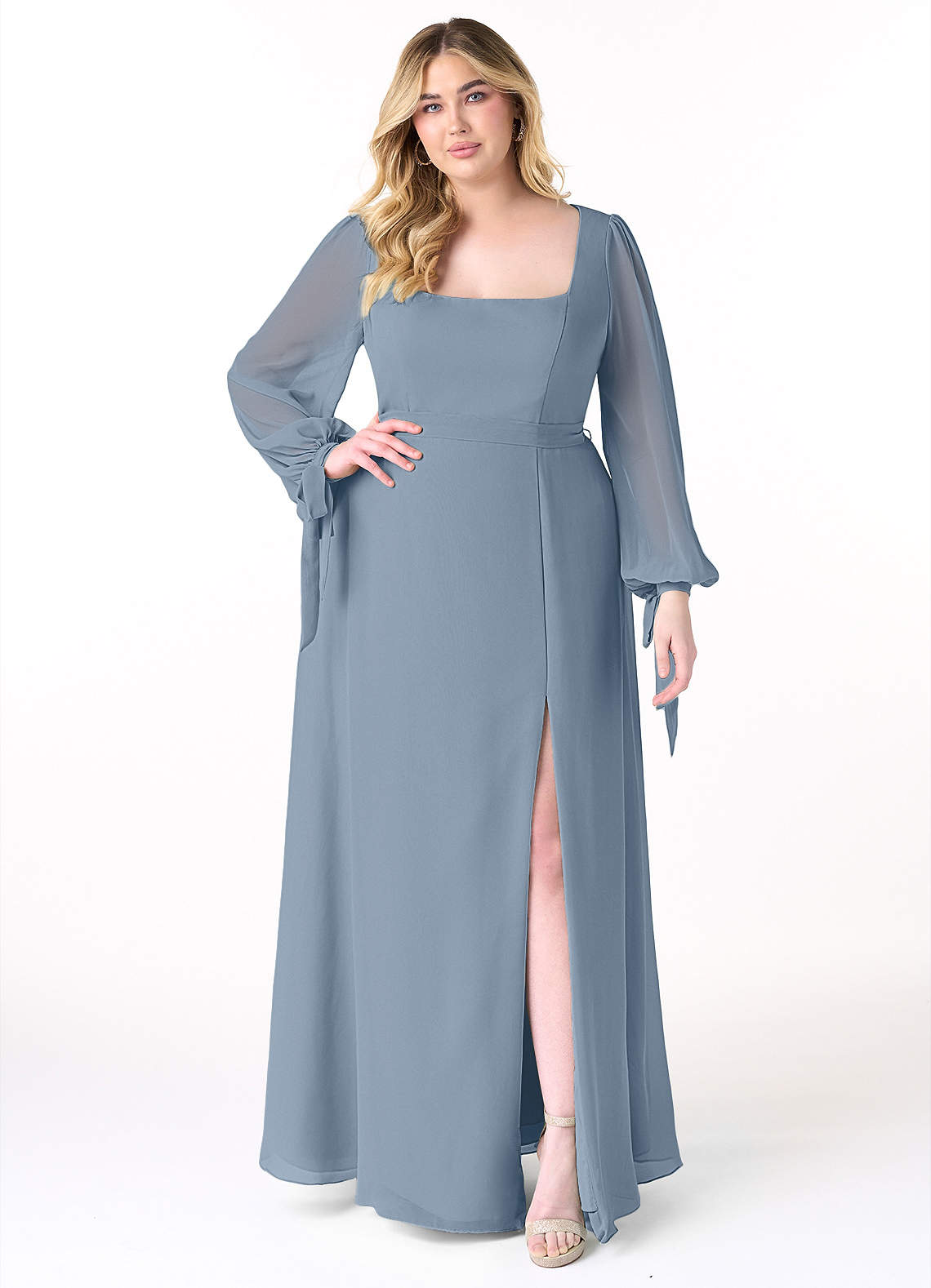Azazie Leonia Bridesmaid Dresses Dusty Blue A-Line Long Sleeve Chiffon Dress image1