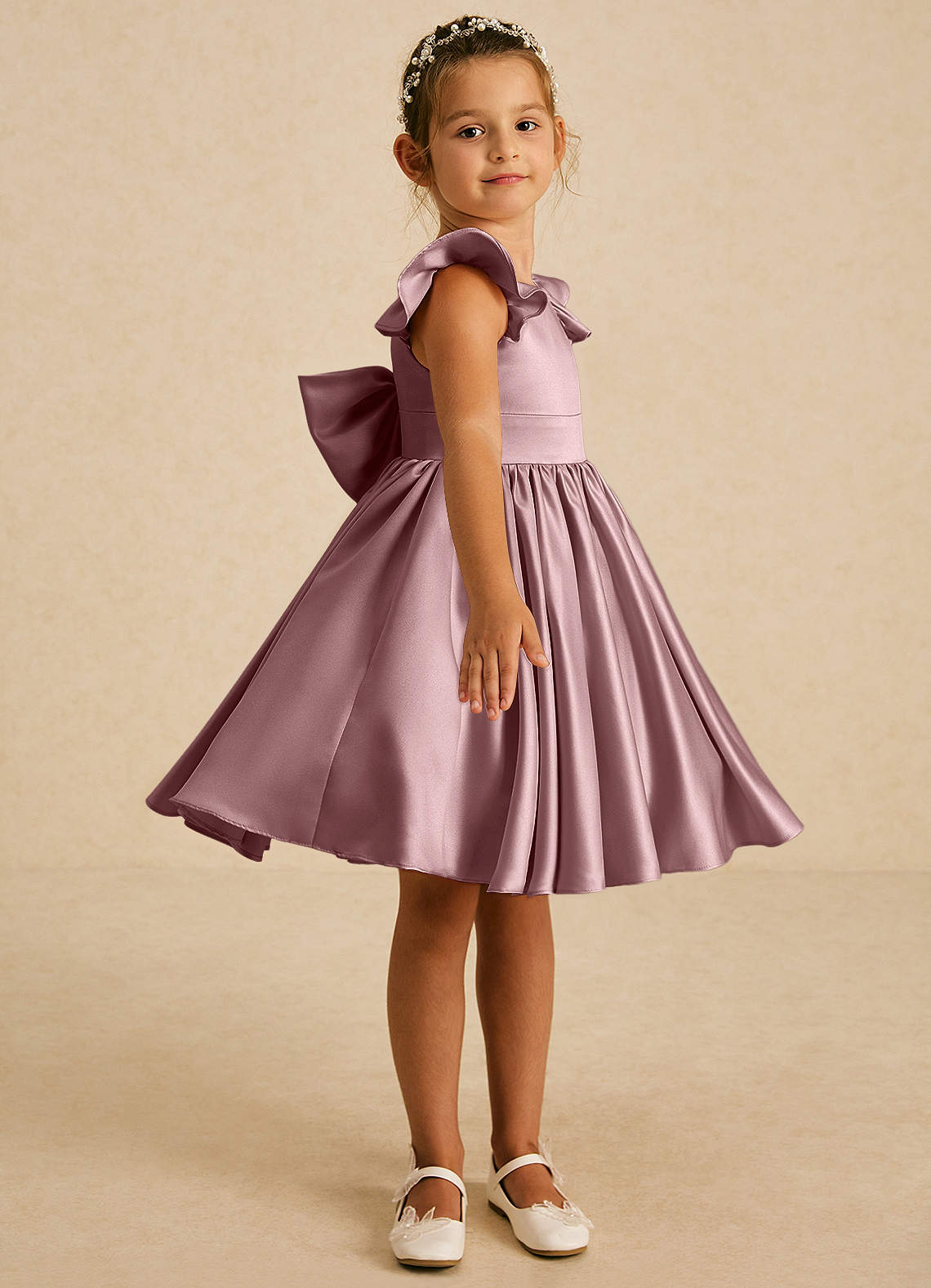 Azazie Tootsie Robe Demoiselle D'honneur Fillette Robe Trapèze en Mat Satiné Arc Rose Poussiéreuse image3