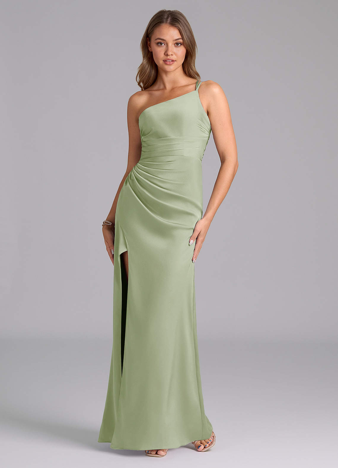 Azazie Eren Jurken voor bruidsmeisjes Jurk van Stretch Satijn met Zeemeermin One-Shoulder Stoffige Salie image4