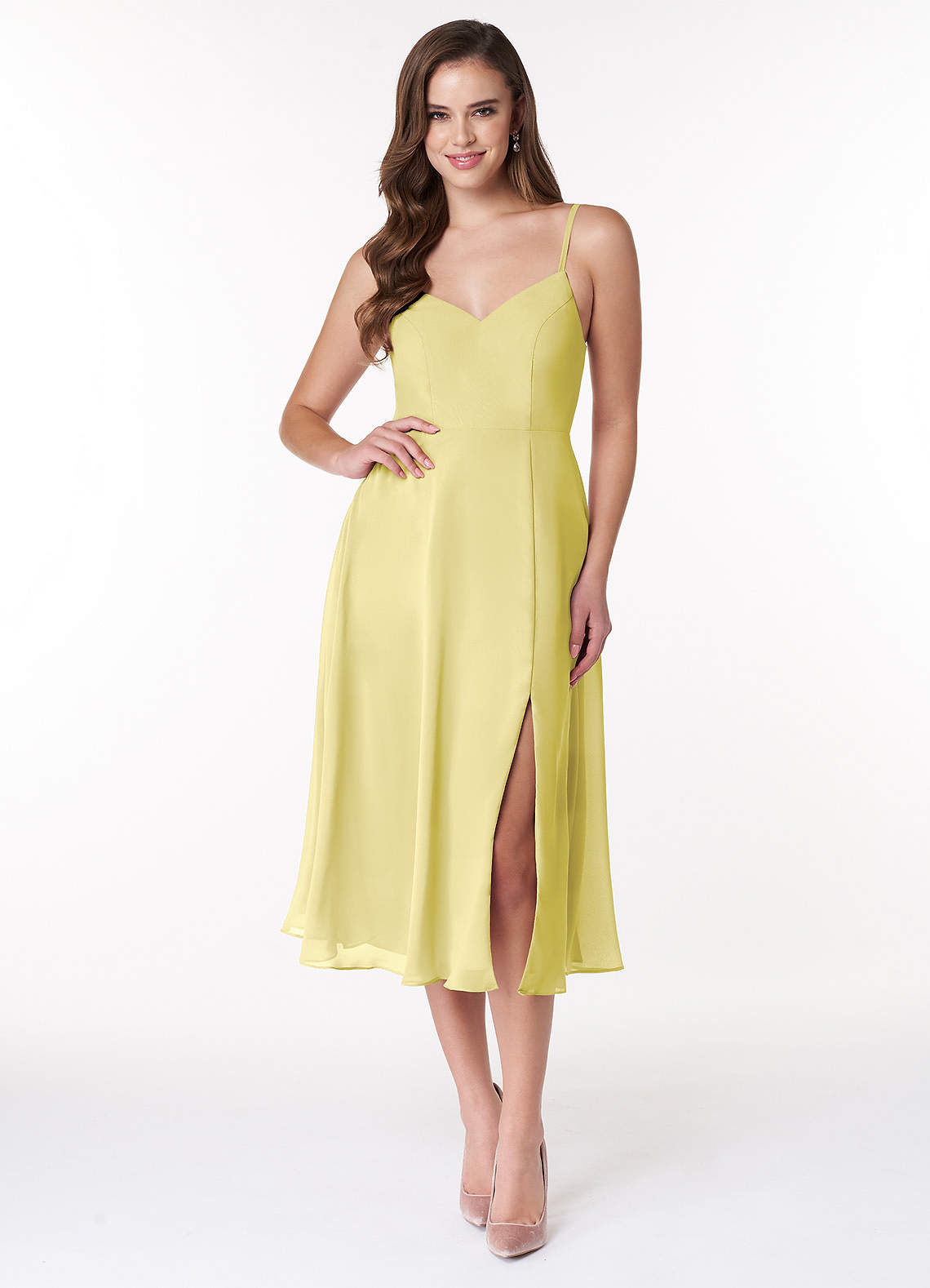 Azazie Clarissa Bridesmaid Dresses Lemon Sorbet A-Line V-Neck Chiffon Dress image1