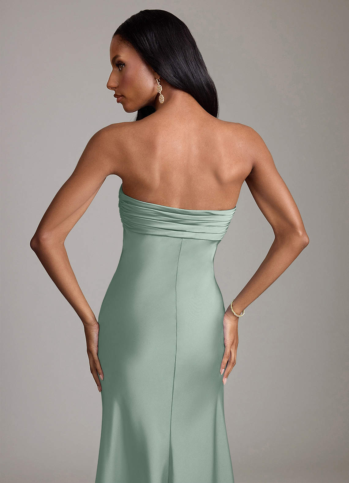 Azazie Saylor At-home Try On Dresses Agave Mermaid Strapless Stretch Satin Dress image5