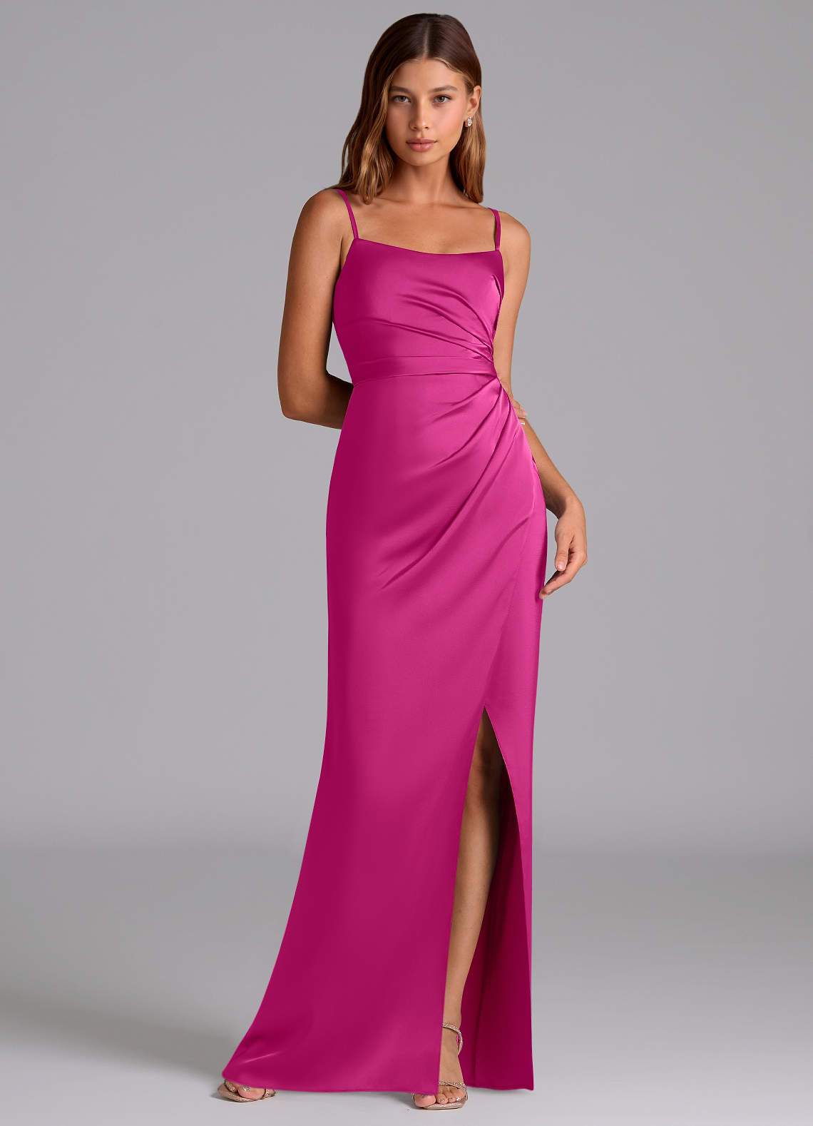 Azazie Calandra Bridesmaid Dresses Fuchsia A-Line Pleated Stretch Satin Dress image1