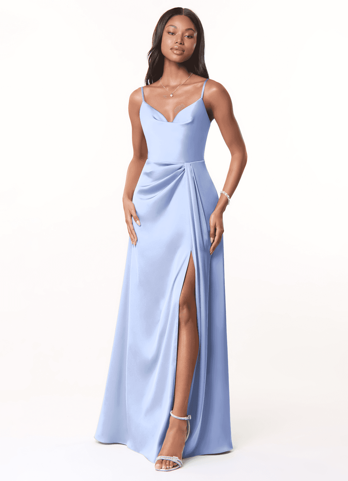 Azazie Brielle Bridesmaid Dresses Ice A-Line Cowl Spaghetti Straps Stretch Satin Dress image1