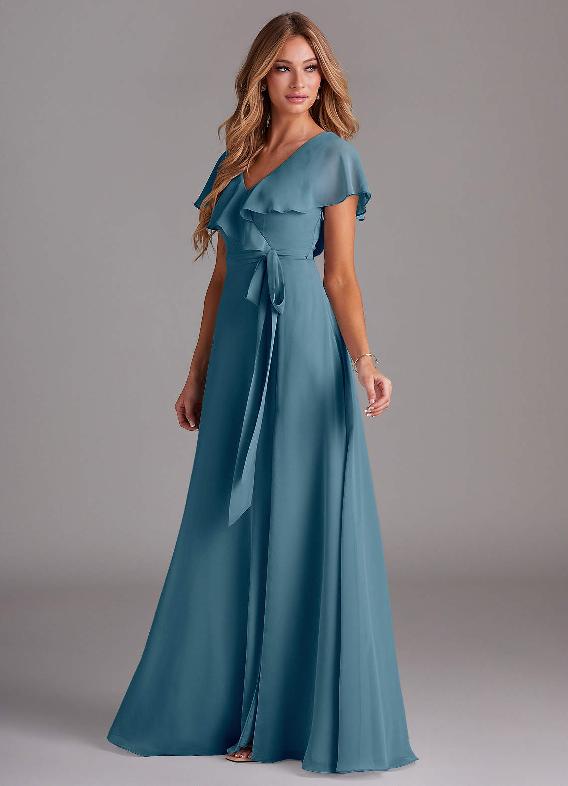 Azazie Lainey At-home Try On Dresses Dusty Sage A-Line with Pockets Chiffon Dress image4