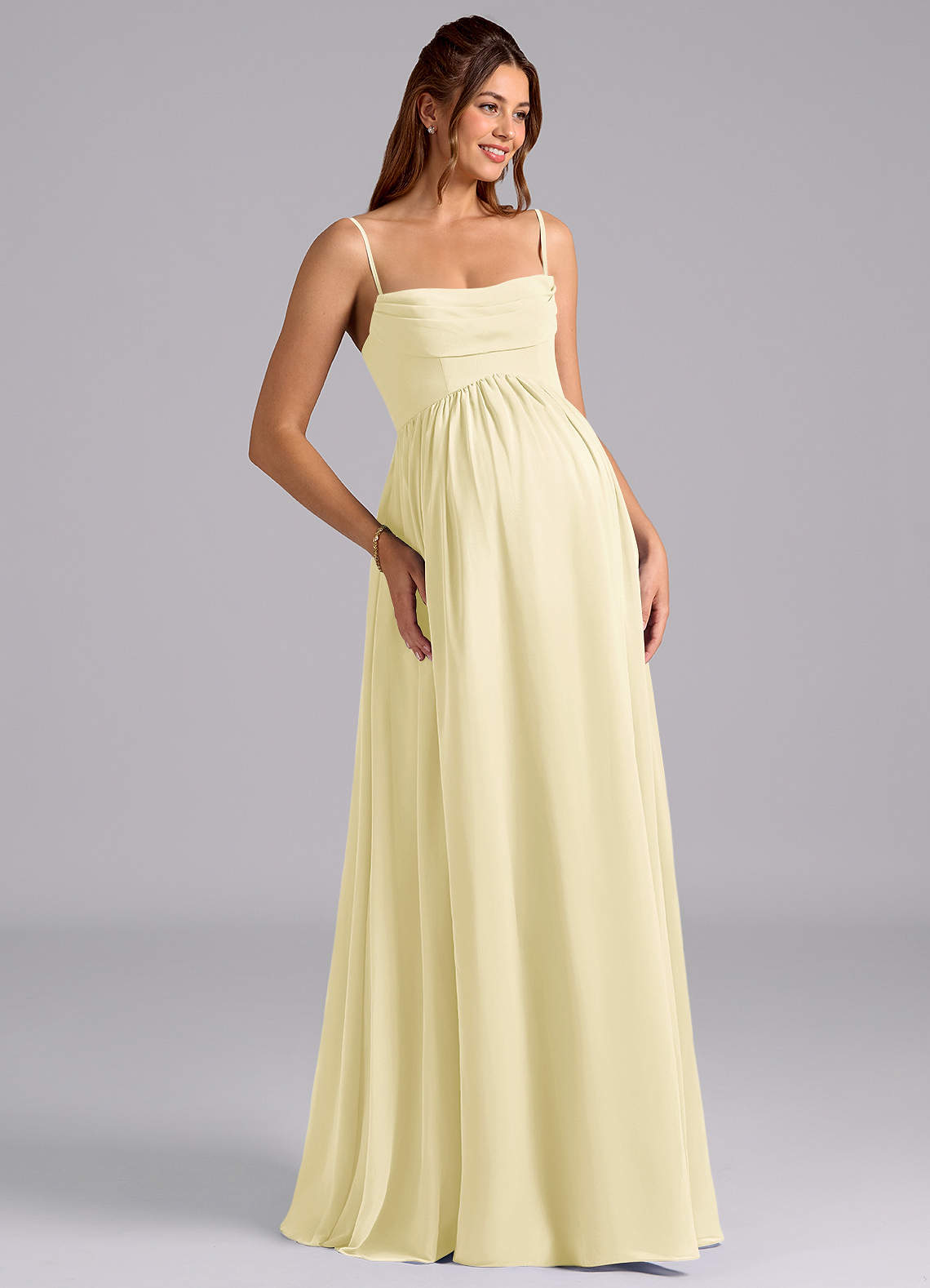 Azazie Saige Robes de demoiselle d'honneur de maternité Robe Trapèze Plissée Longueur ras du sol Mousseline de soie image6