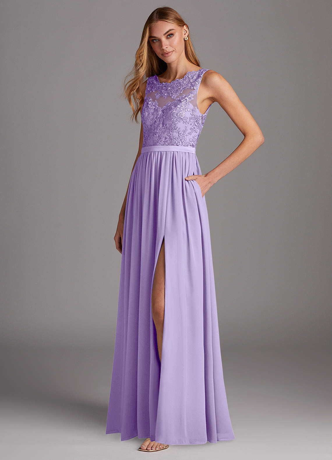 Azazie Elly Brautjungfernkleider A-Linie Rundhalsausschnitt mit Spitze Chiffon Kleid Flieder image1