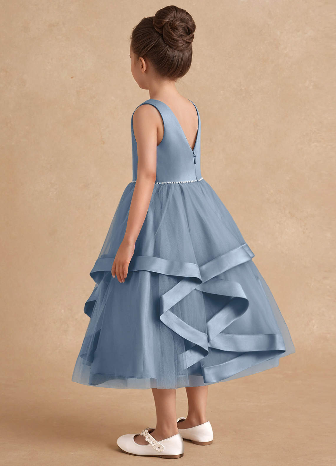 Azazie Posy Flower Girl Dresses Dusty Blue A-Line Beaded Tulle Dress image1