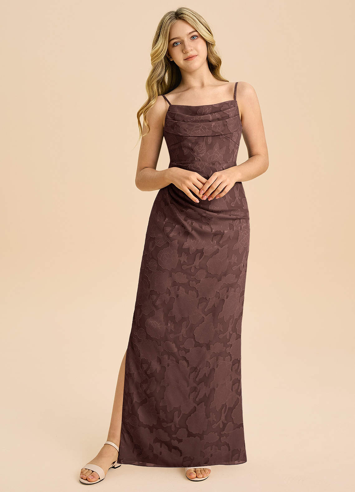 Azazie Mai Junior Espresso Sheath Pleated Floral Burnout Dress image4