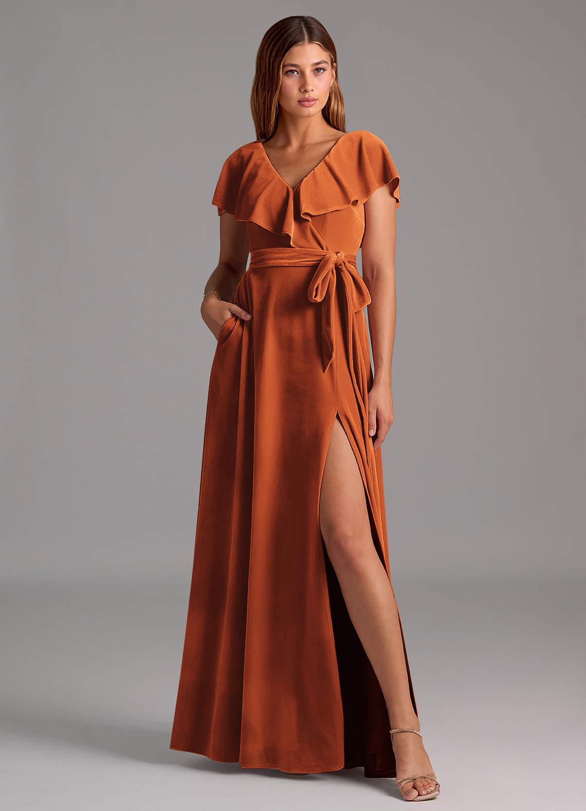 Azazie Lainey Bridesmaid Dresses Burnt Orange A-Line Ruched Velvet Dress image1