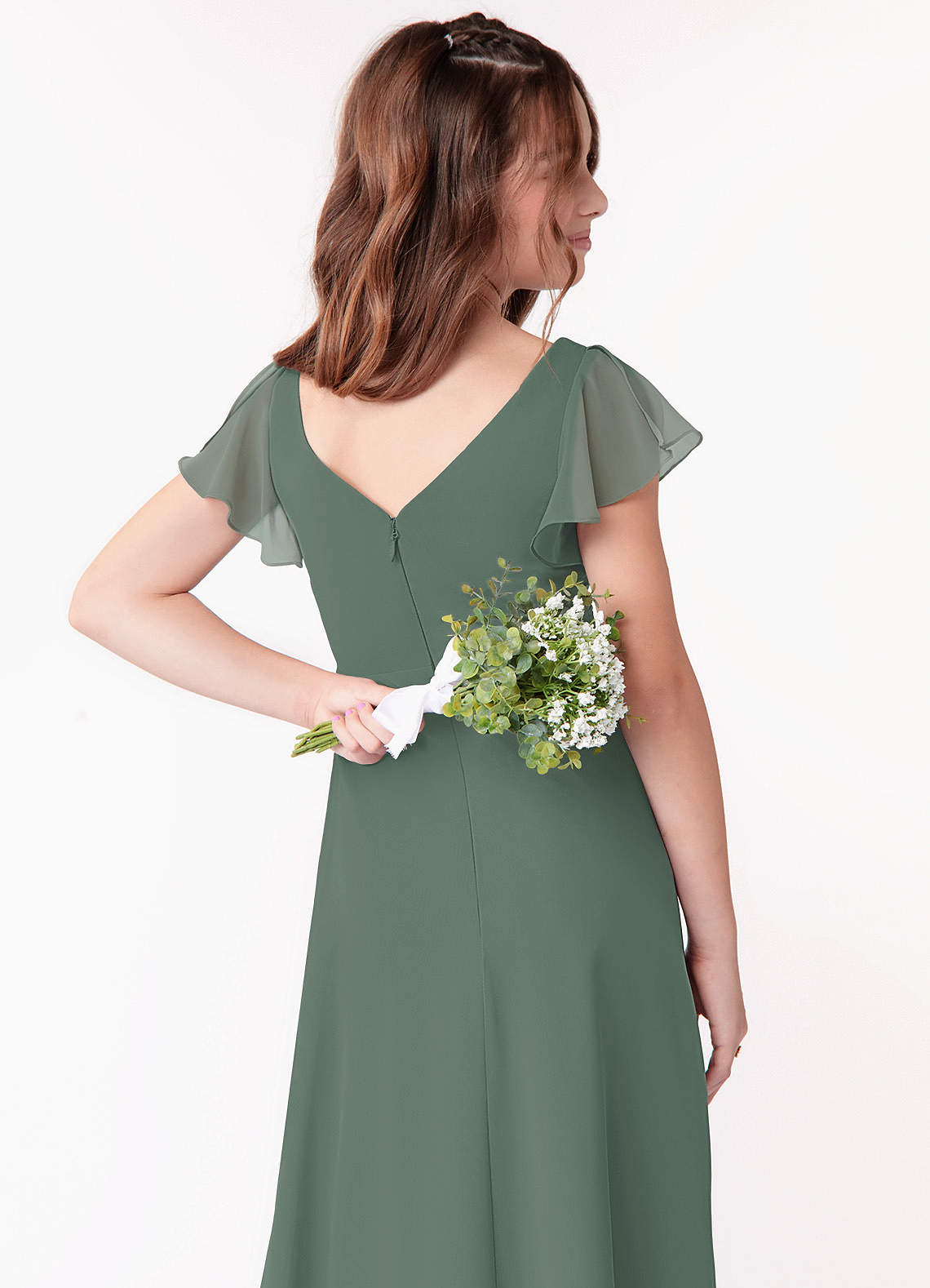 Azazie Omari Junior Eucalyptus A-Line Ruched Chiffon Dress image2