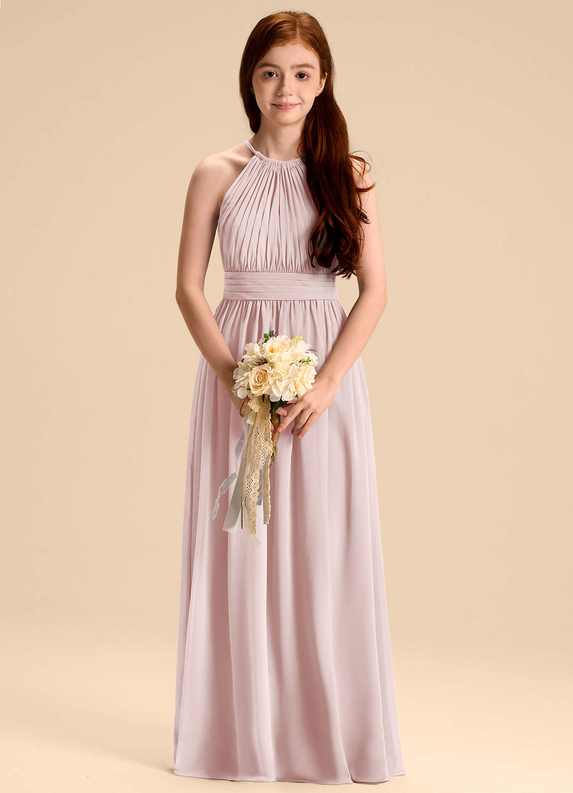 Azazie Malone Junior Robe Trapèze en Mousseline de soie Plissée Rose Pâle image1