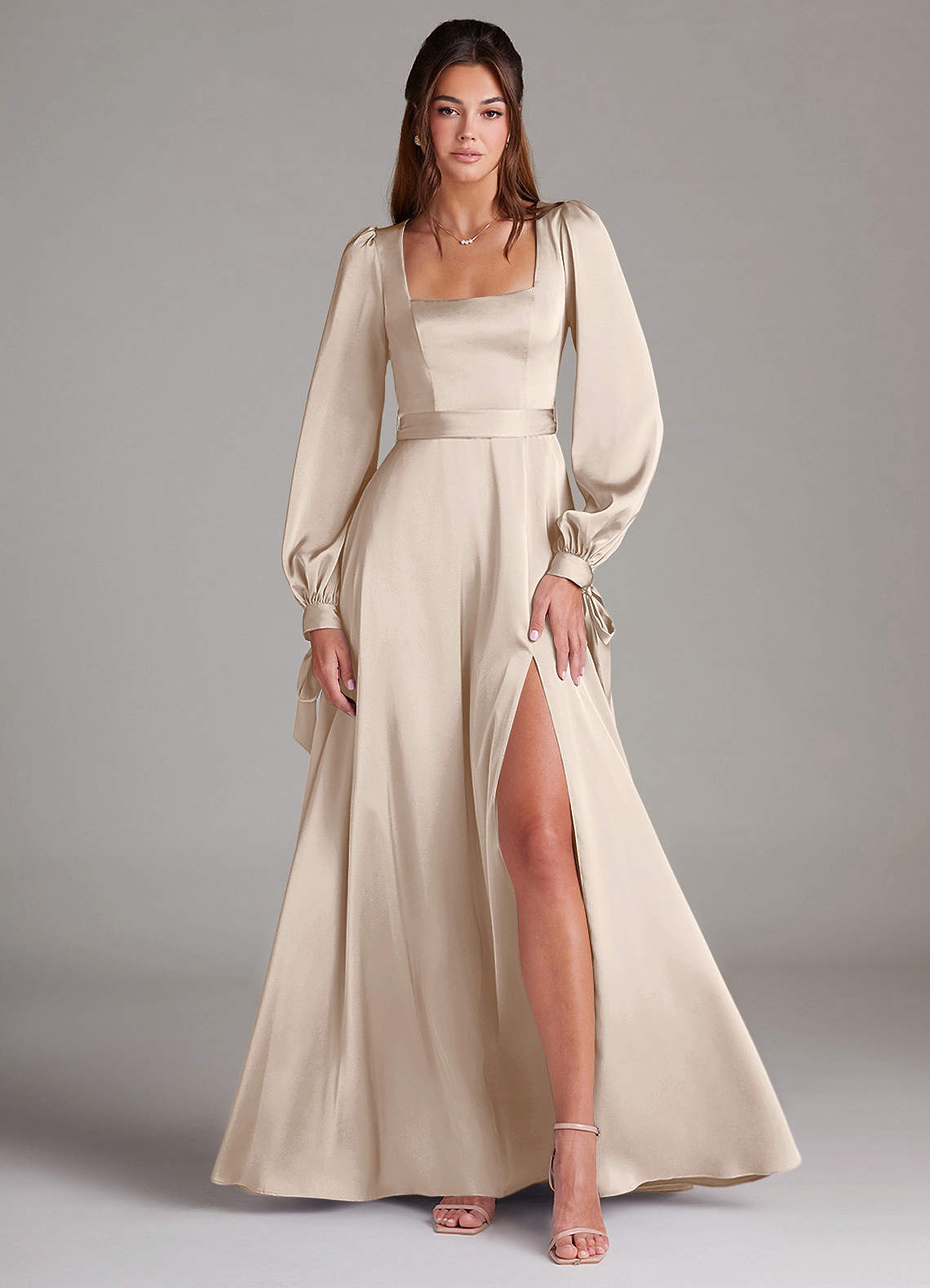 Azazie Leonia Bridesmaid Dresses White Alabaster A-Line Long Sleeve Stretch Satin Dress image1