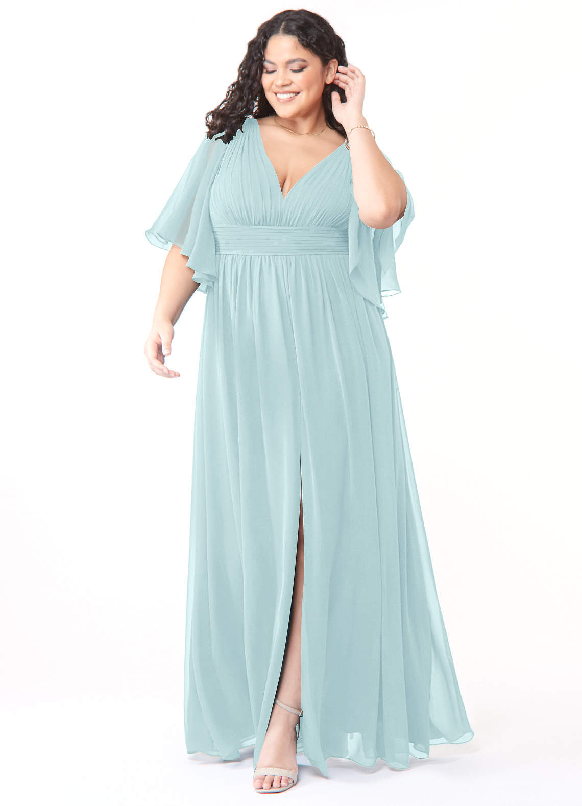 Azazie Temeka Robes de demoiselle d'honneur Robe Trapèze en Mousseline de soie Rayé Verre De Mer image1