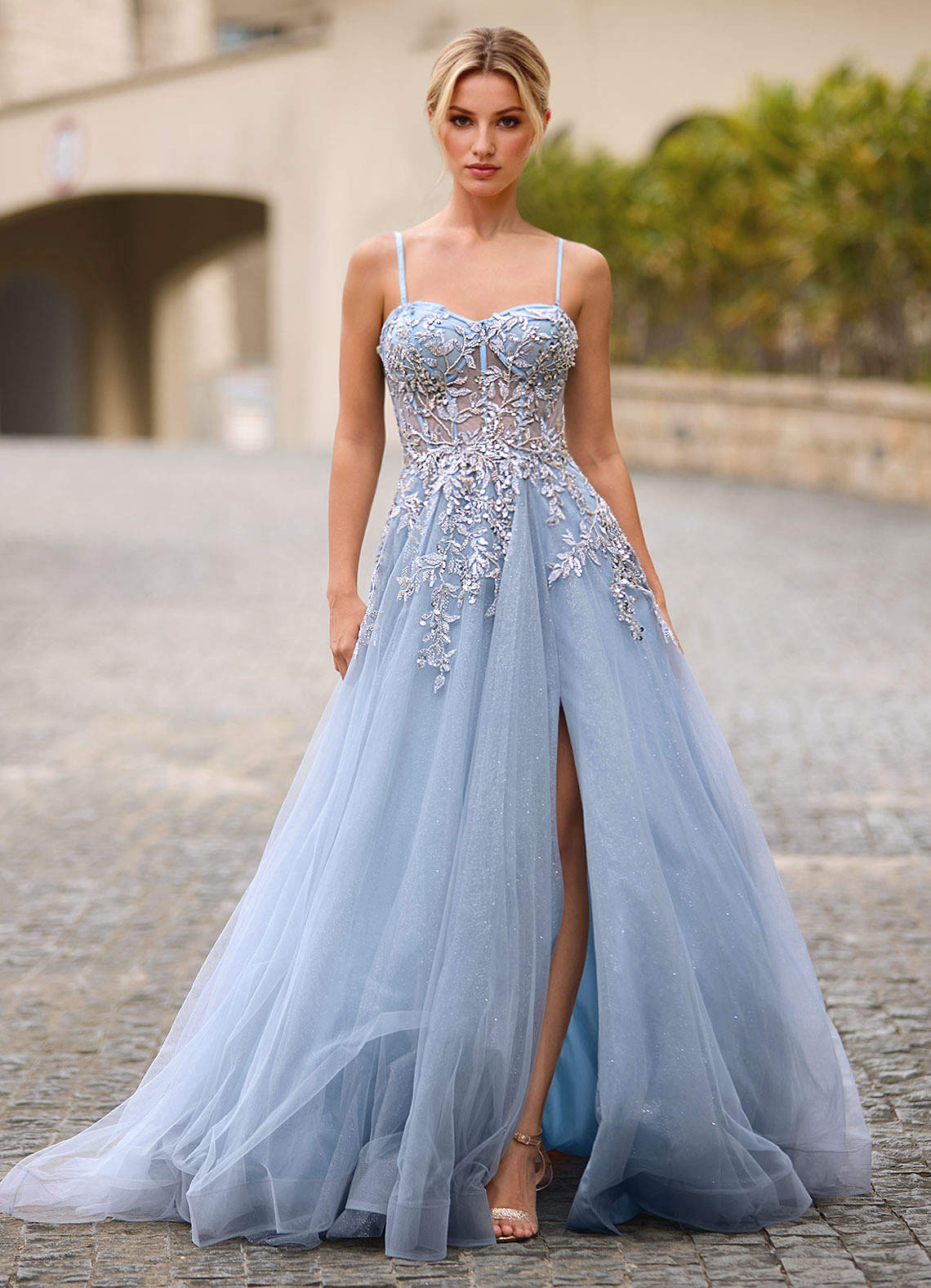 Celeste Dusty Blue Rhinestone Sheer Lace Prom Dress