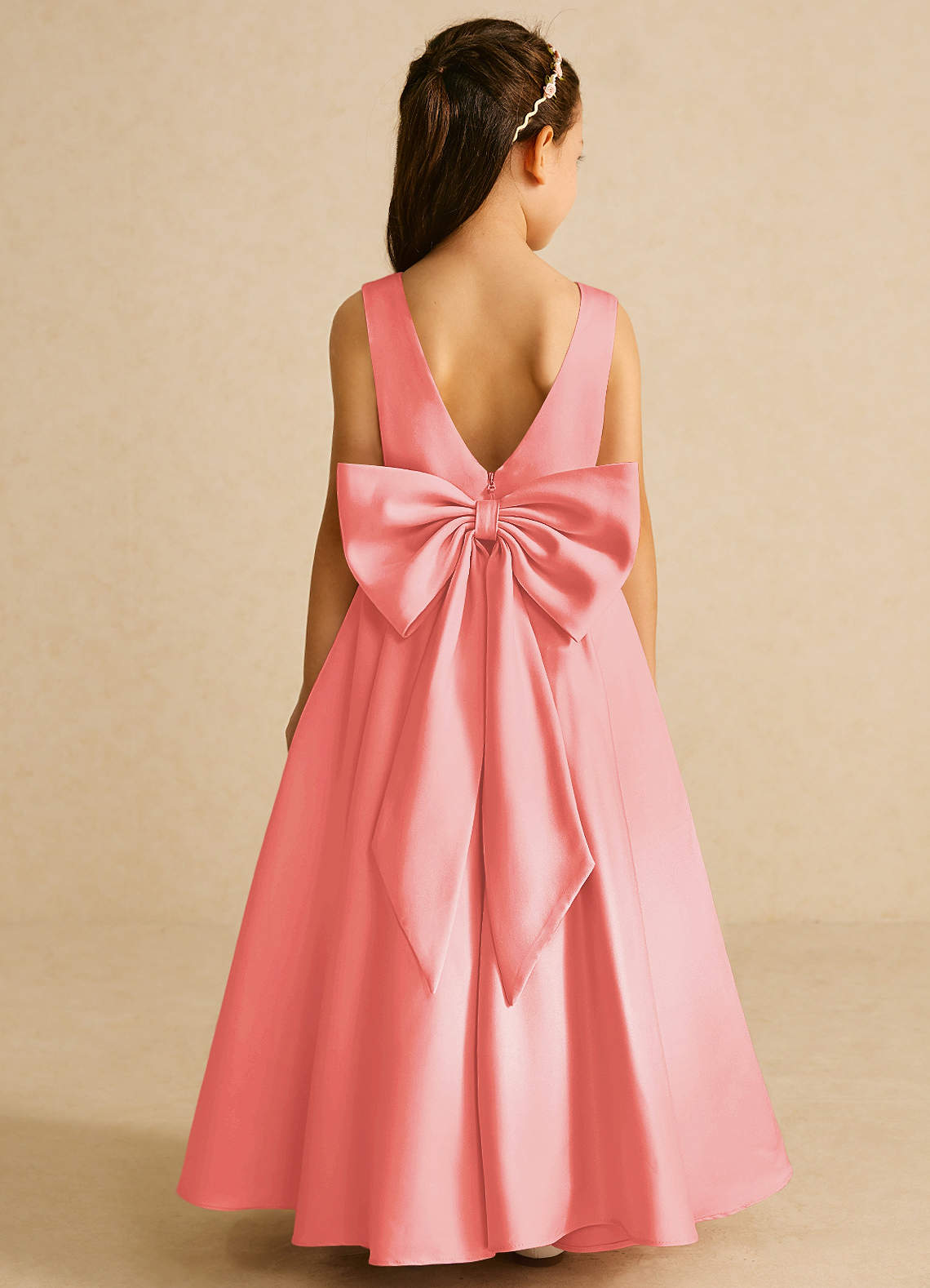 Azazie Pipsy Flower Girl Dresses Coral A-Line Bow Matte Satin Dress image1