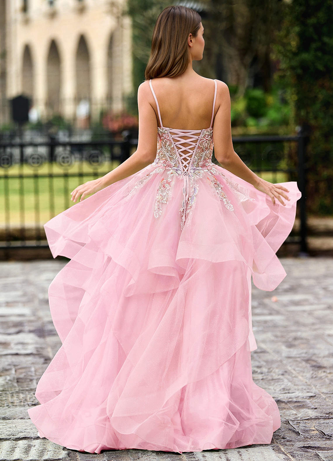 pink tulle formal dress Azazie A-Line Floor-Length Birthday Beading Sequins Lace Up Appliqued Ruffles Corset Open Back V Neck Category_Default Category/Y2K