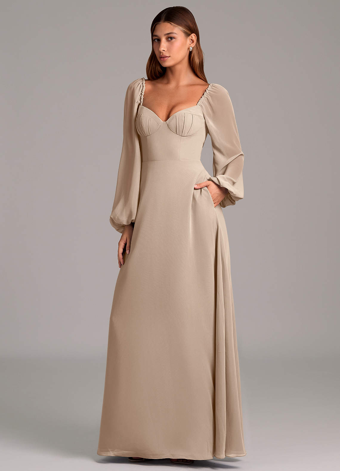 Azazie Annistyn Bridesmaid Dresses Taupe A-Line Long Sleeve Chiffon Dress image1