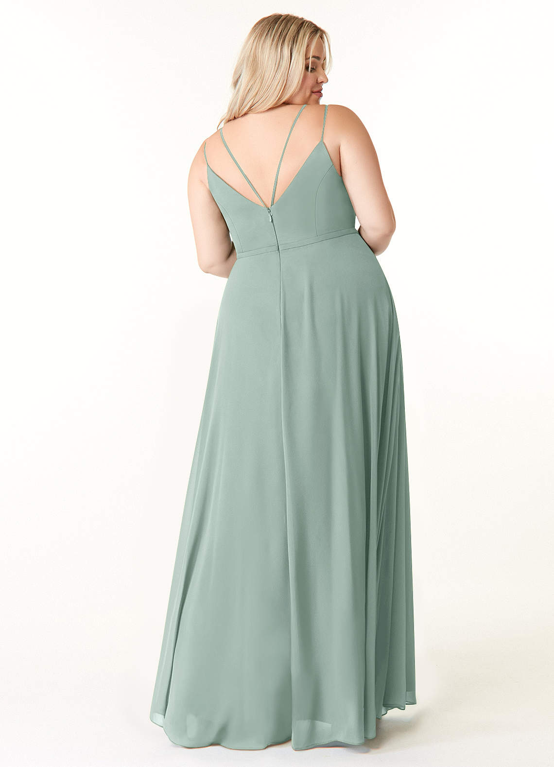 janey chiffon a line dress Azazie Janine Agave Bridesmaid Dresses lasting impression