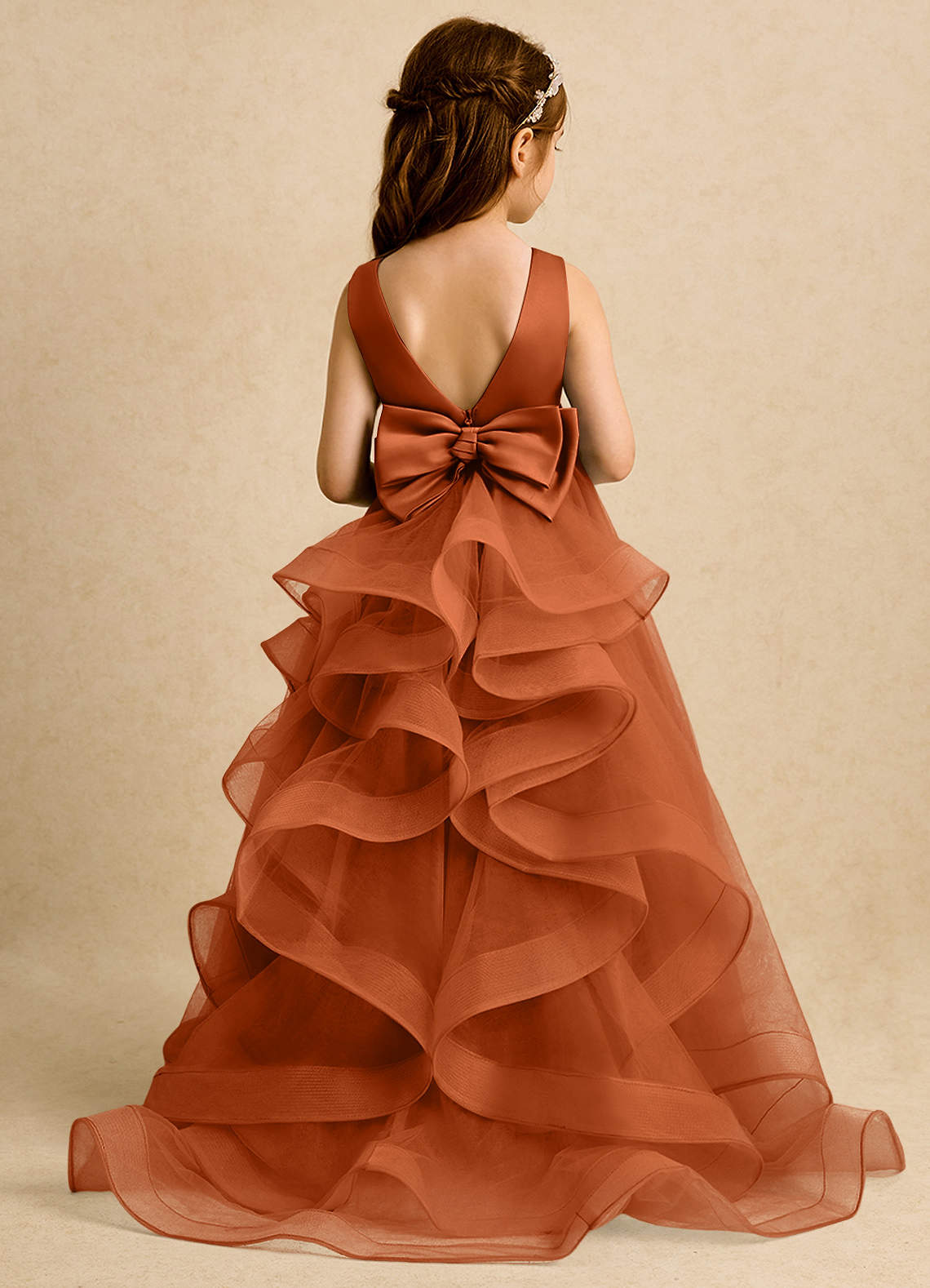 Azazie Lior Flower Girl Dresses Burnt Orange Ball-Gown Pleated Tulle Dress image1